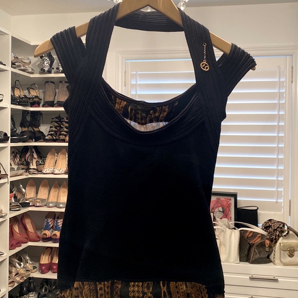 Roberto Cavalli top charm ribbed sheer stretch back chain design XS - Picture 1 of 3